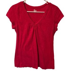 So Red V Neck Short Sleeve Gathered T Shirt Top Sz XL Cotton